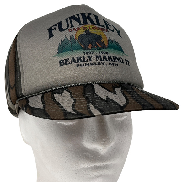 Vintage 90s Funkley Bar & Lounge Hat Cap Gray Camouflage Minnesota Snapback - Picture 1 of 9